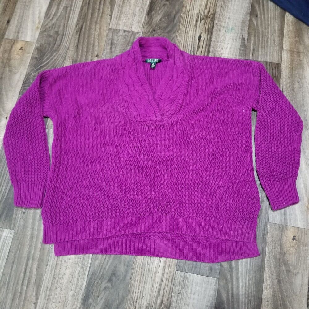 Polo Ralph Lauren Women Crew Cable Knit V-Neck Line Plum Purple Sweater Size XL
